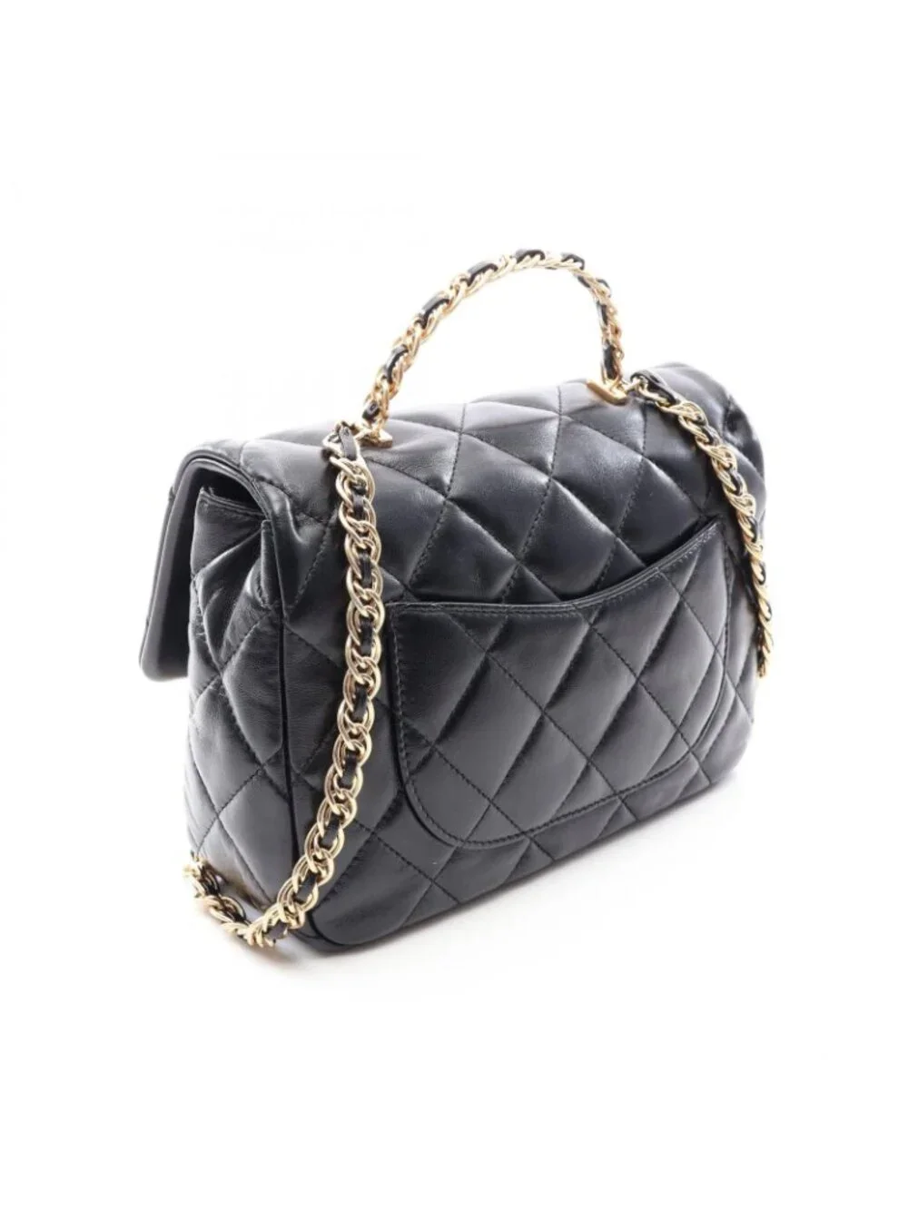 Chanel Shoulder Bag Quilted Top Handle Black Lambskin Top 2-Way Chain